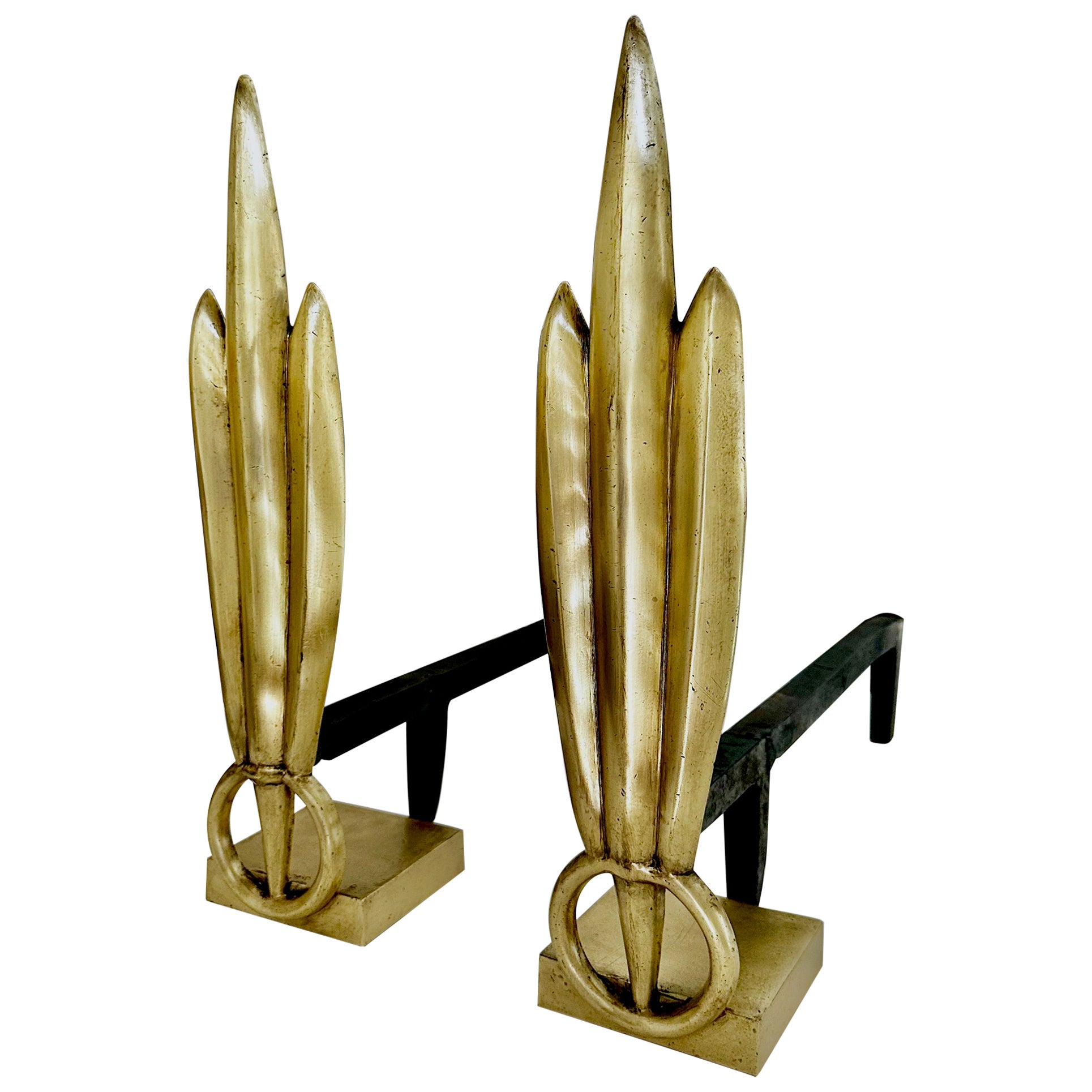 Pair Deco Skyscraper Brass Fireplace Andirons