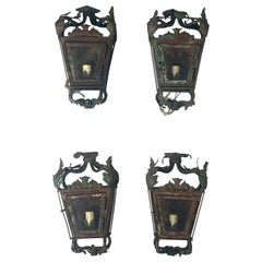 Vintage Set of Four Spanish Wrought Iron Lantern Sconces