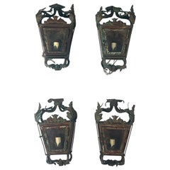 Retro Set of Four Spanish Wrought Iron Lantern Sconces