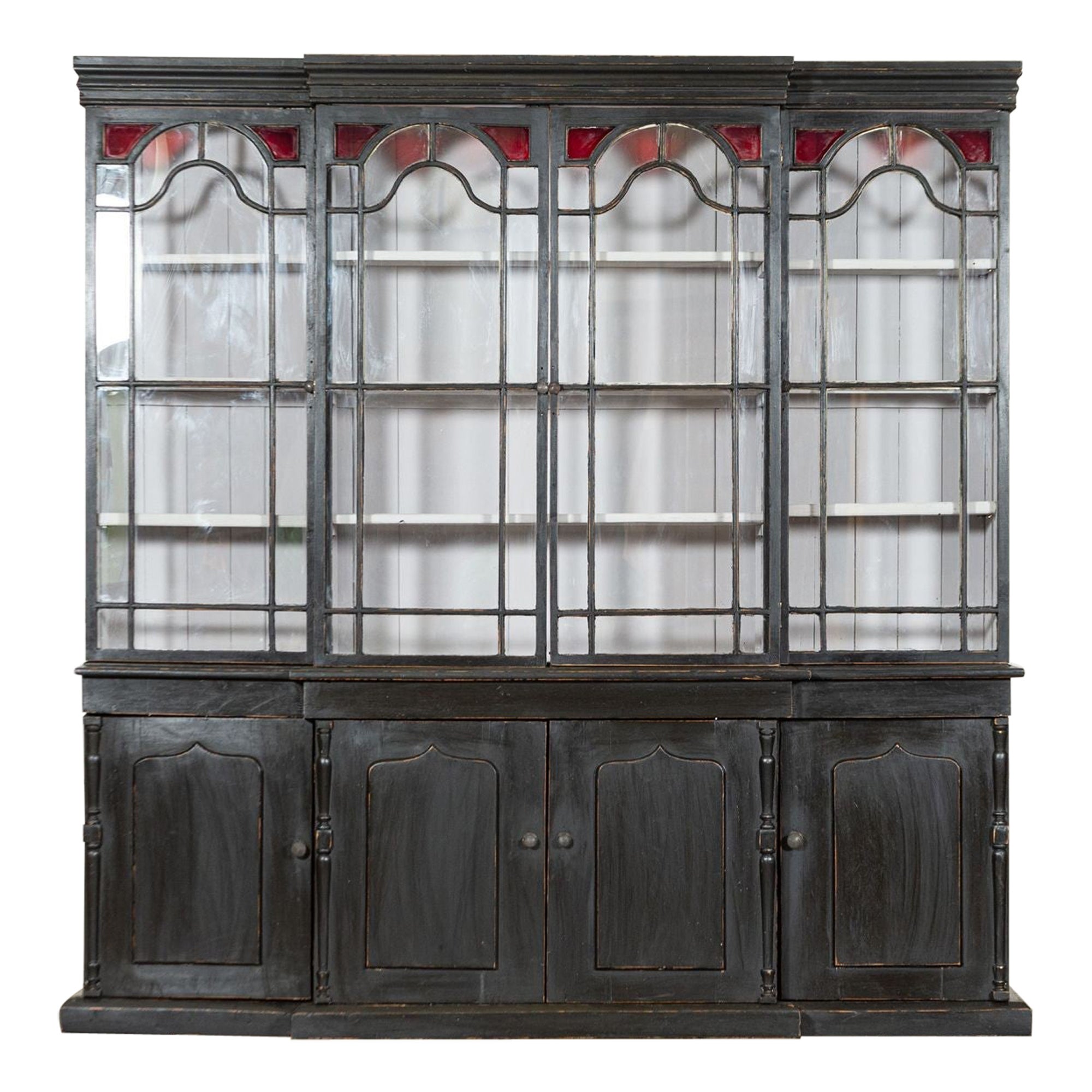 Large 19thC English Ebonised Breakfront Glazed Pine Dresser For Sale
