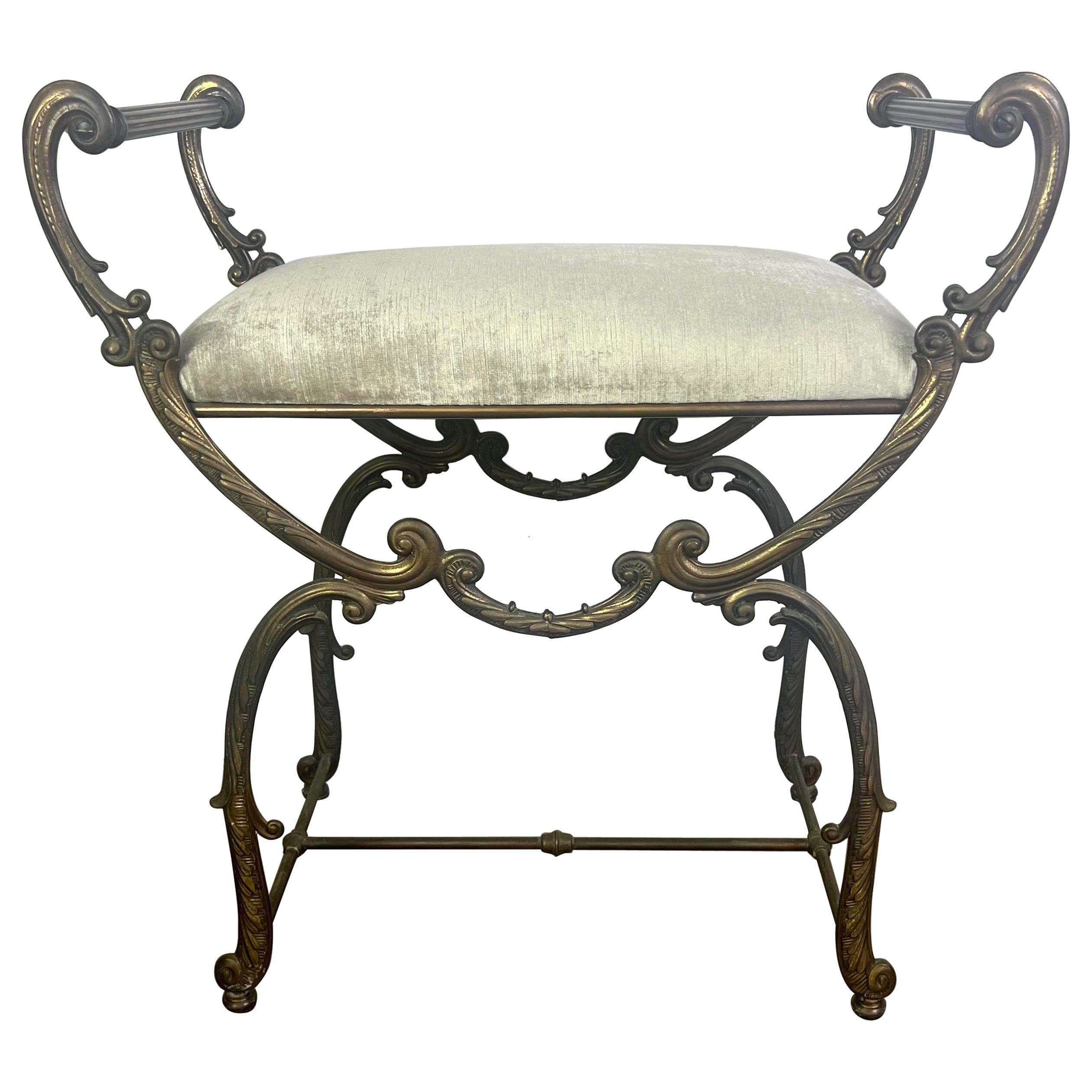 Brass Scrolled Velvet Upholstered Vanity Bench For Sale