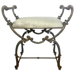 Vintage Brass Scrolled Velvet Upholstered Vanity Bench
