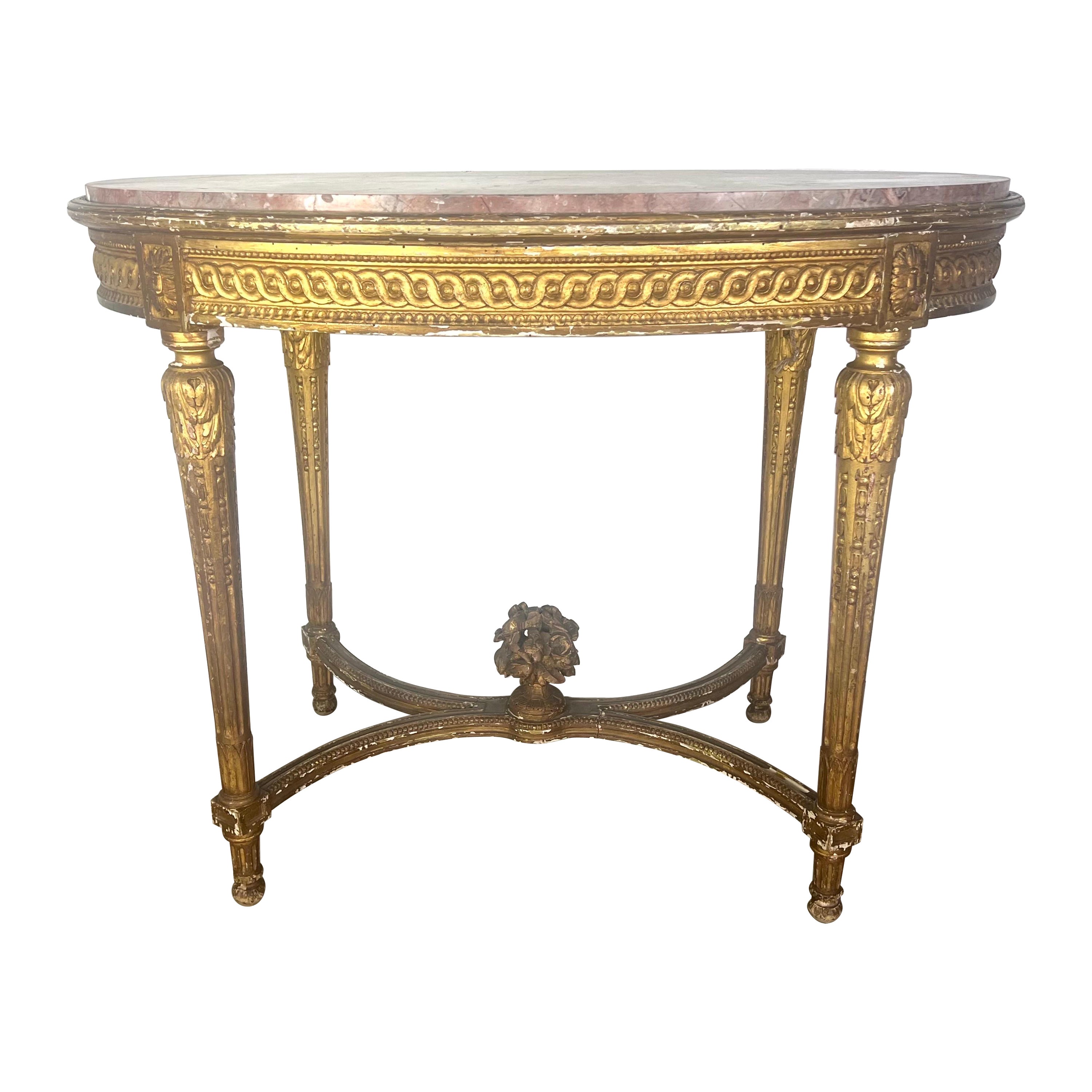 19th Century Louis XVI Style Gilt Wood Table w/ Marble Top For Sale
