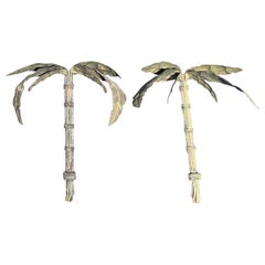 Vintage Hollywood Regency Tole Painted Metal Palm Tree Wall Hanger Sconce, a Pair