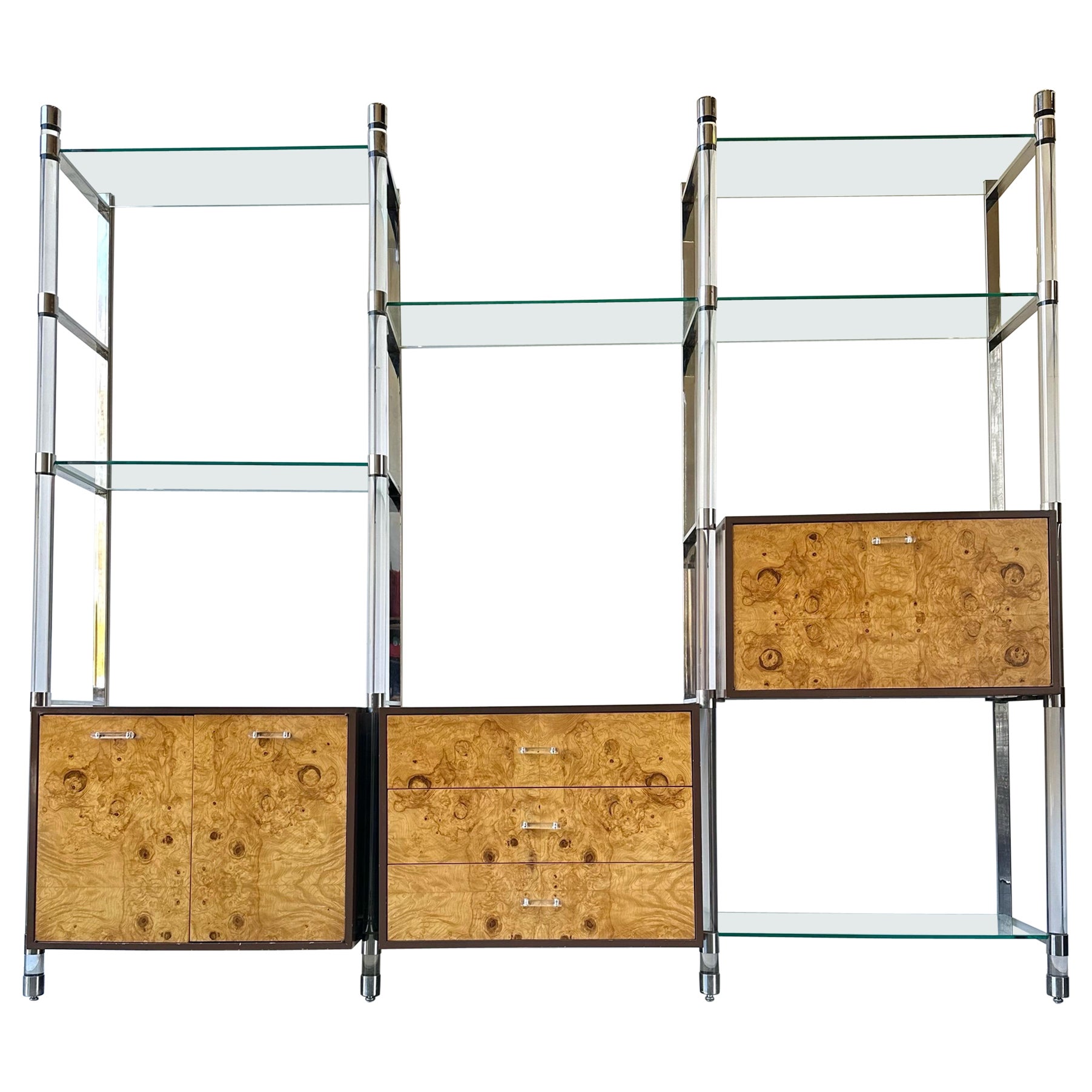 Vintage MCM Burlwood and Lucite Shelving Wall Unit Circa 1970 For Sale