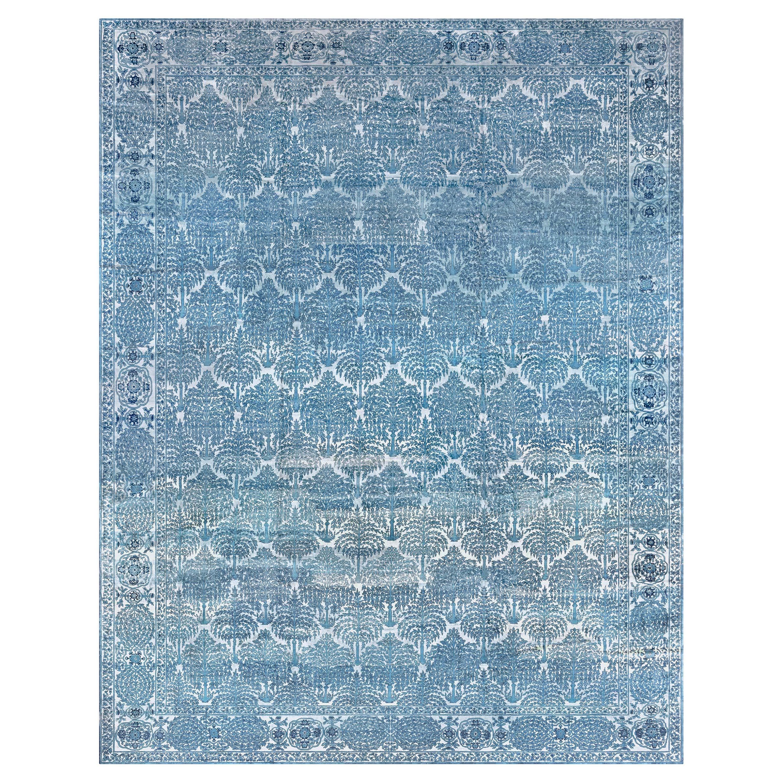 Début du 20e siècle, tapis de laine bleu Botanic de l'Inde du Nord, noué à la main en vente