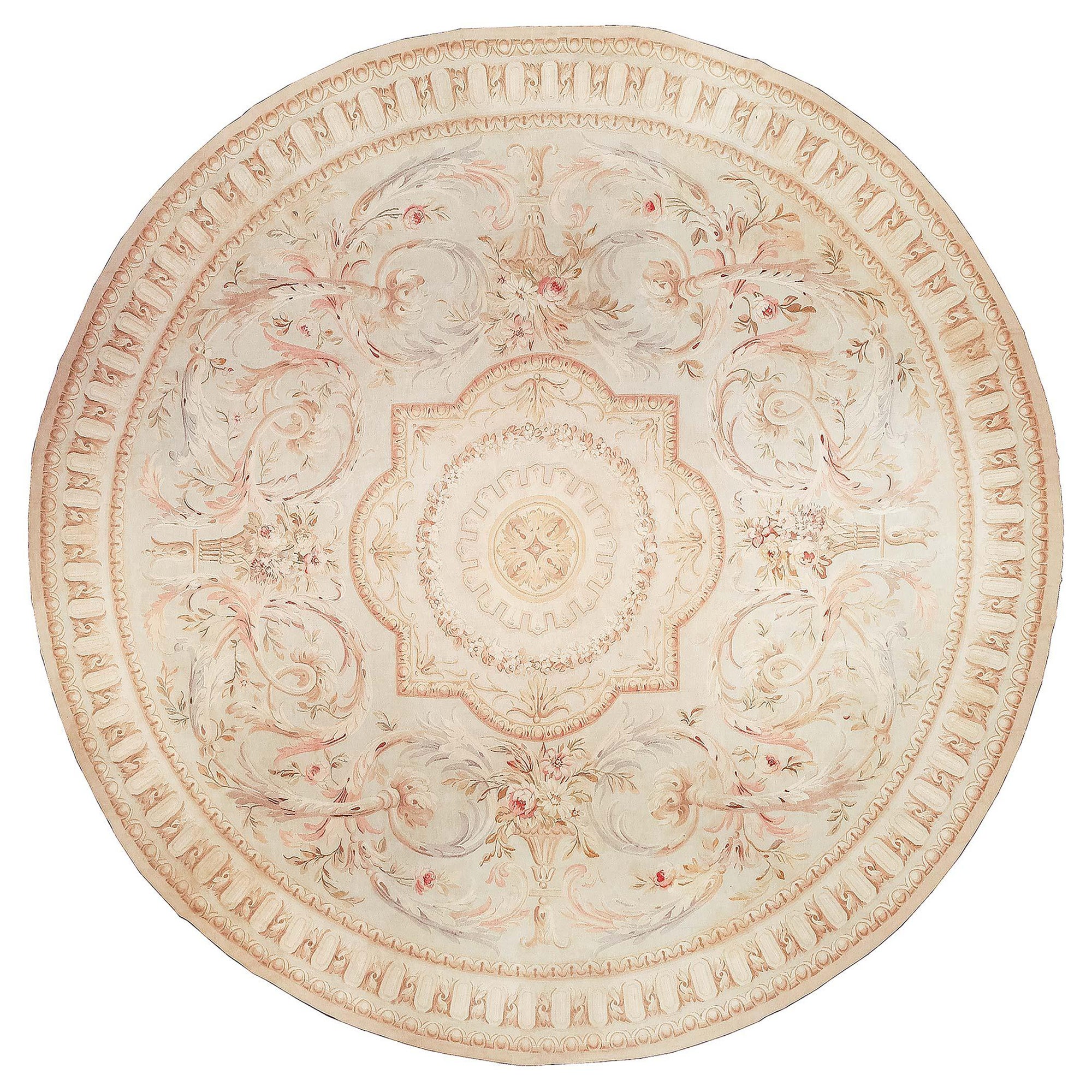 19th Century Aubusson Round Handmade Wool Rug