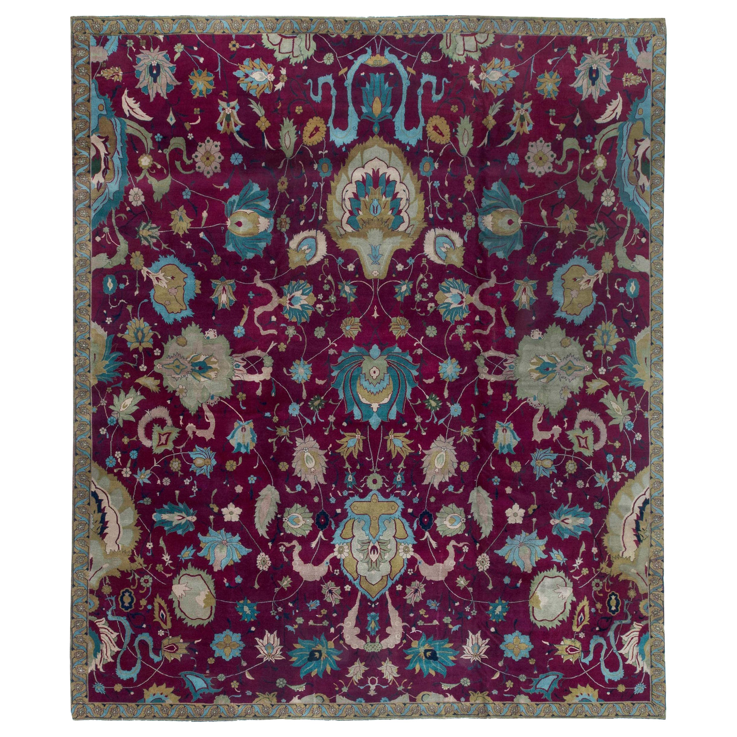 Early 20th Century Purple Floral Indian Handmade Wool Rug For Sale