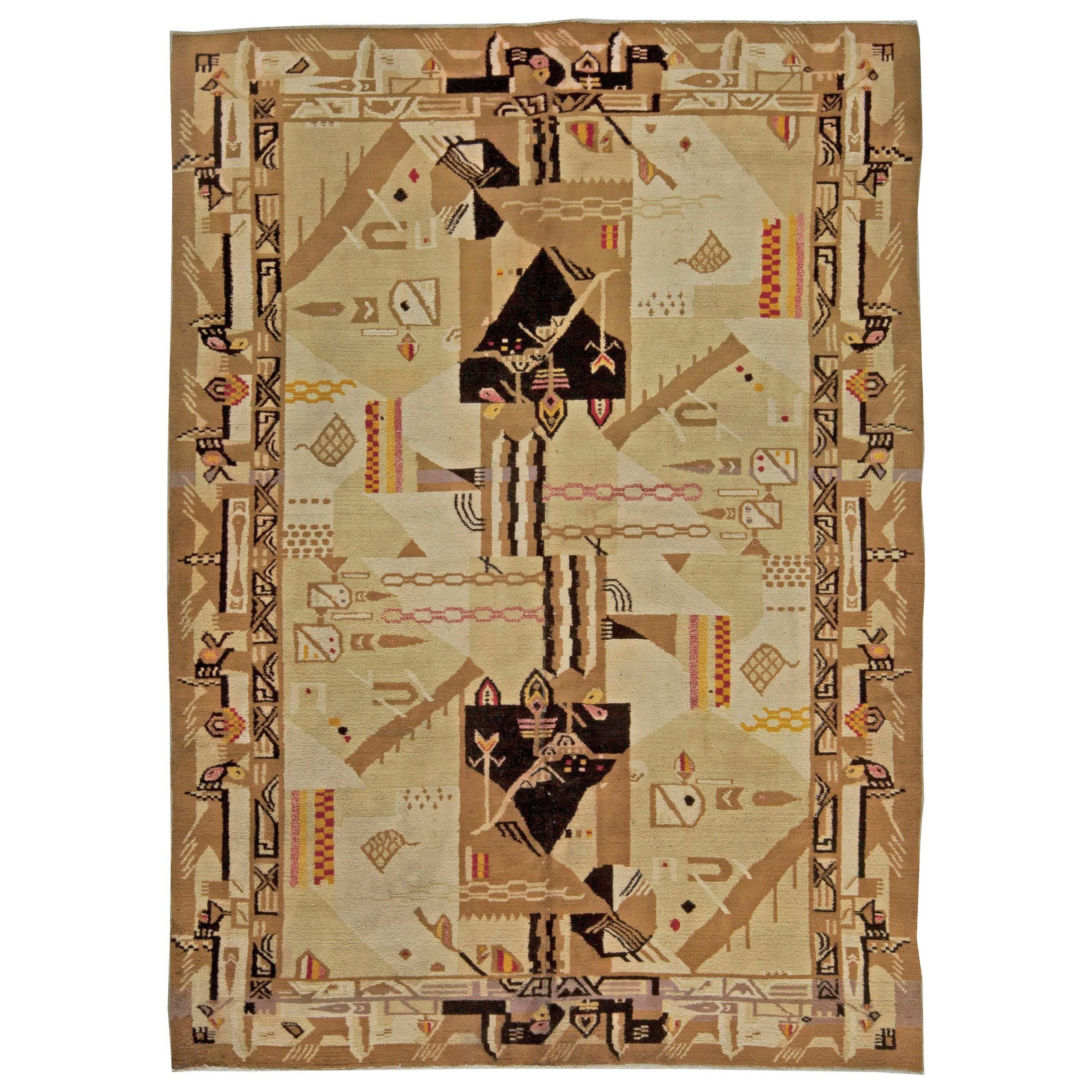 Antique Abstract Indian Agra Handmade Wool Rug