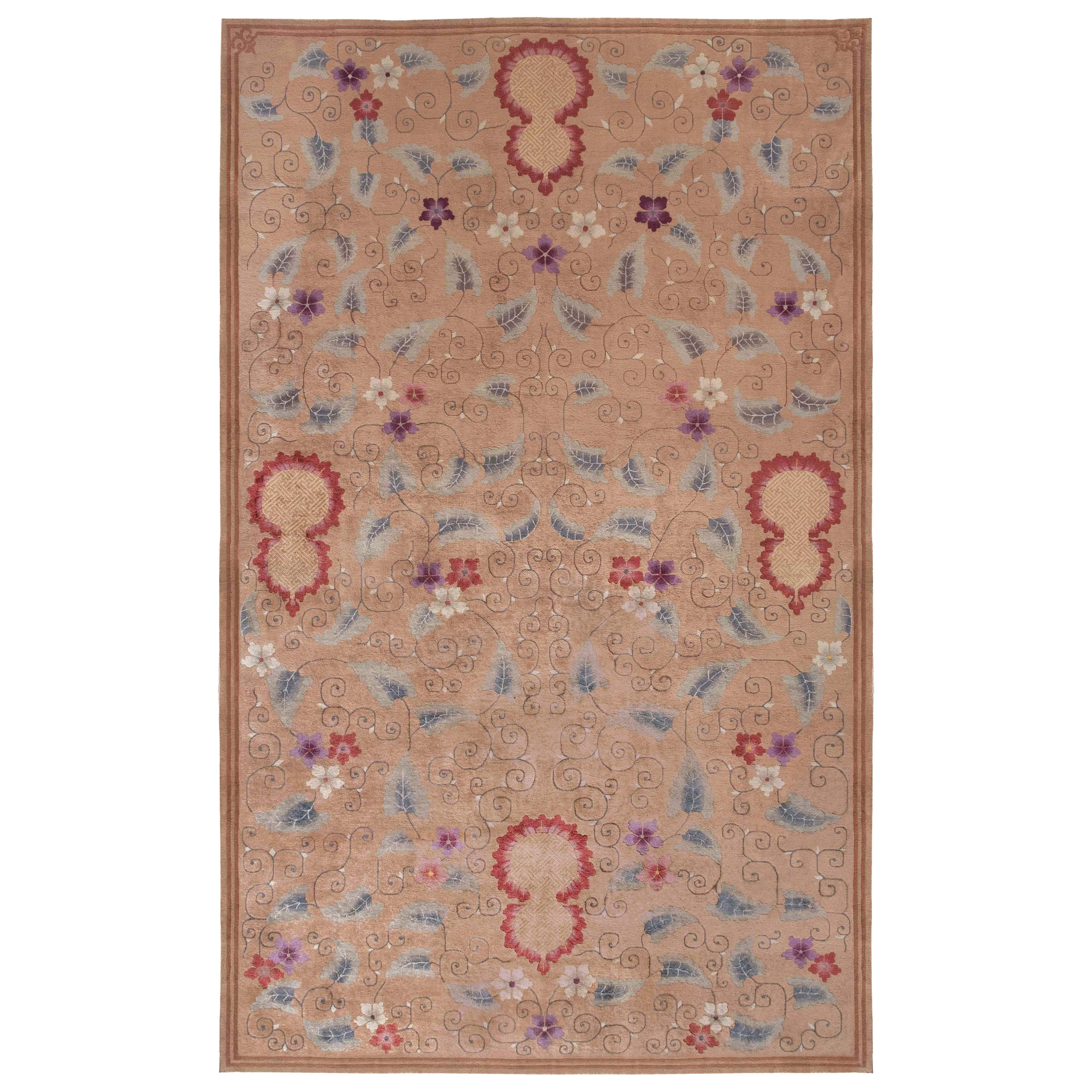 Midcentury Bold Floral Chinese Handmade Wool Rug For Sale