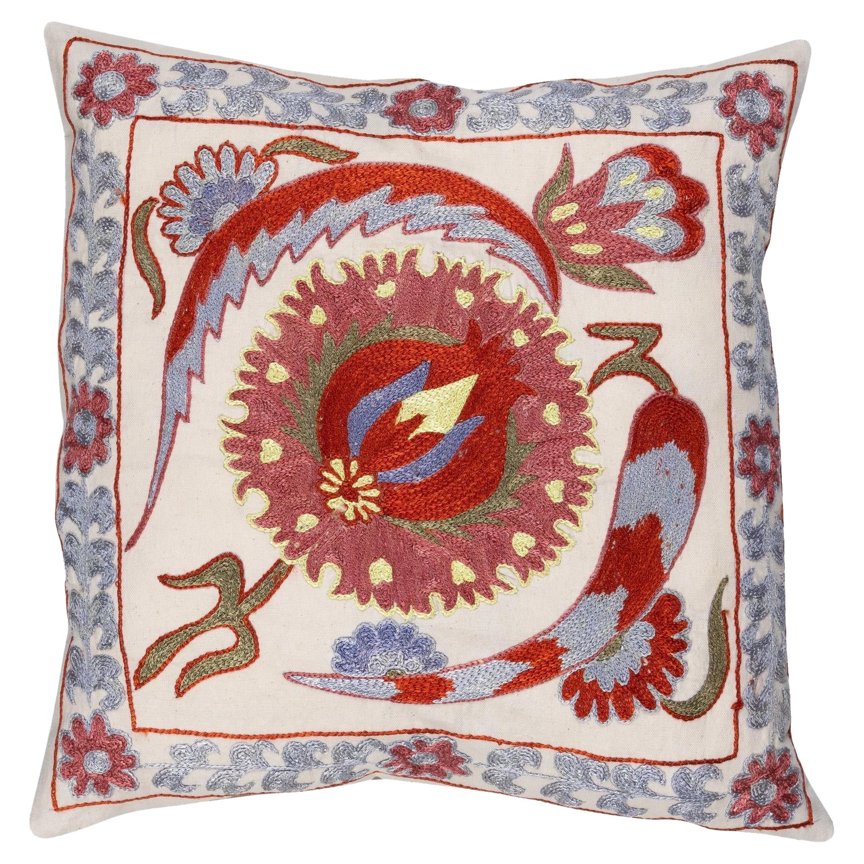 17"x17" Silk Embroidery Throw Pillow, Handmade Toss Pillow, Uzbek Suzani Cushion For Sale