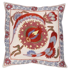 17"x17" Silk Embroidery Throw Pillow, Handmade Toss Pillow, Uzbek Suzani Cushion