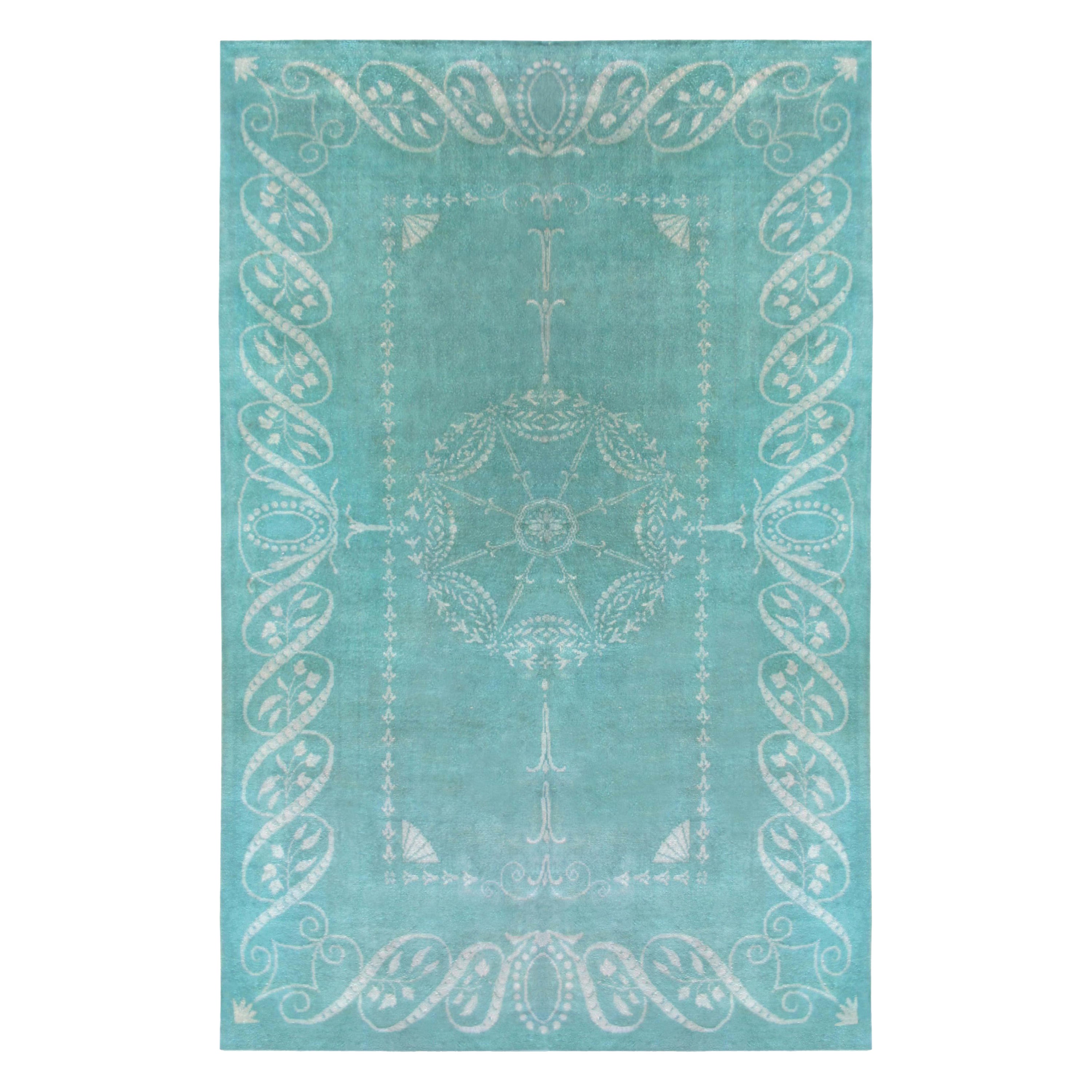 Doris Leslie Blau Vintage European Aqua-blue Handmade Wool Rug For Sale
