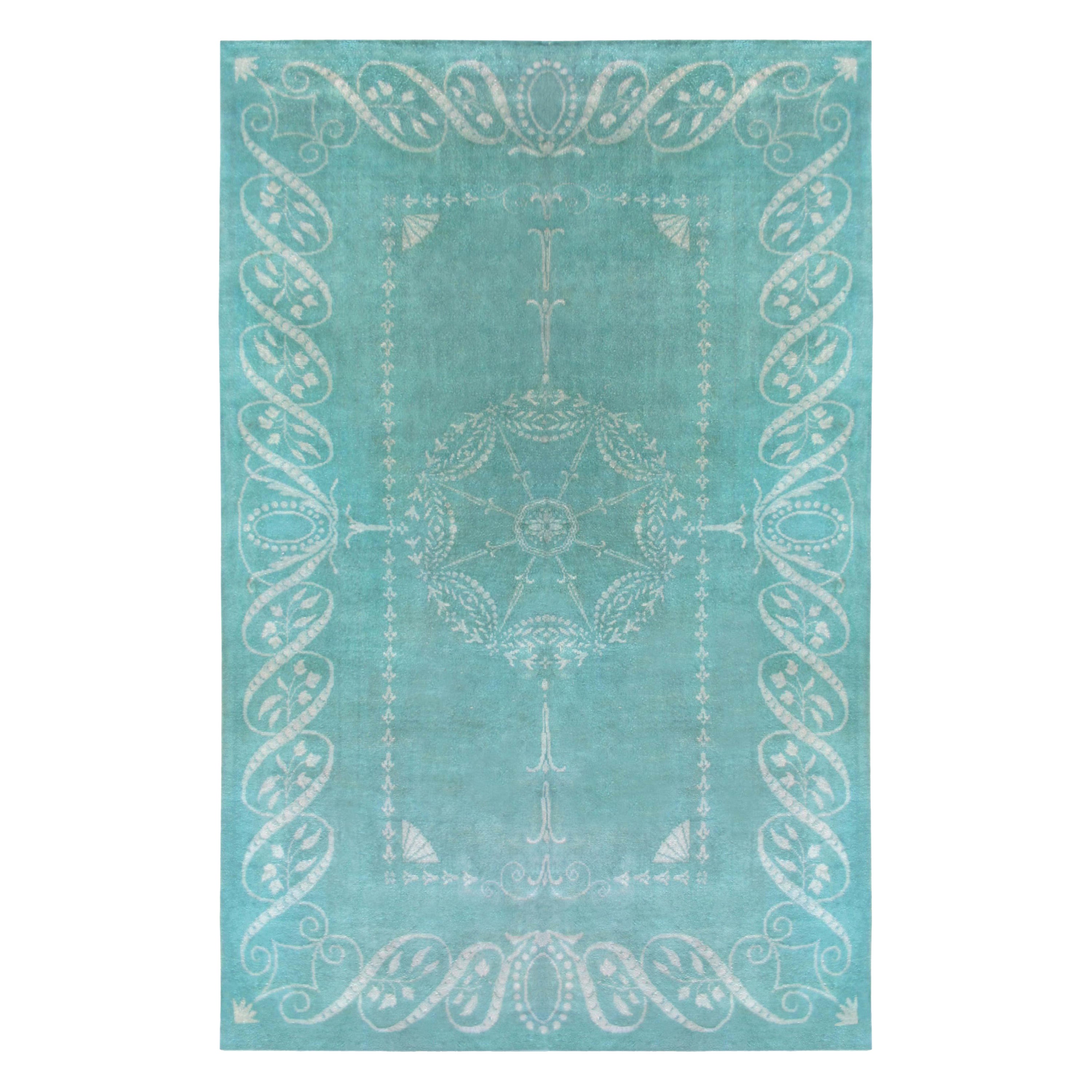 Vintage European Aqua-blue Handmade Wool Rug For Sale