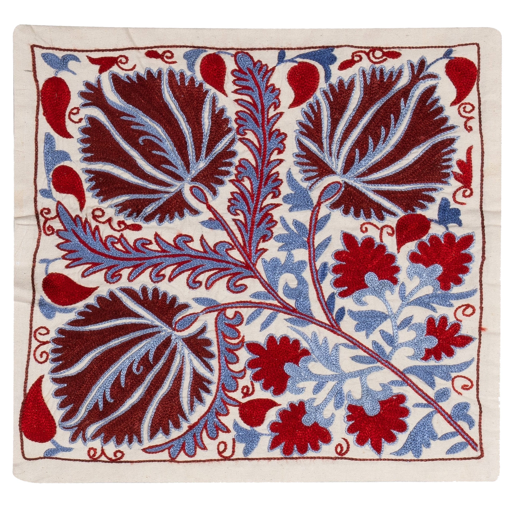 19"x19" Botanical Leaves Design Lace Pillow, Embroidered Cushion, Handmade Sham