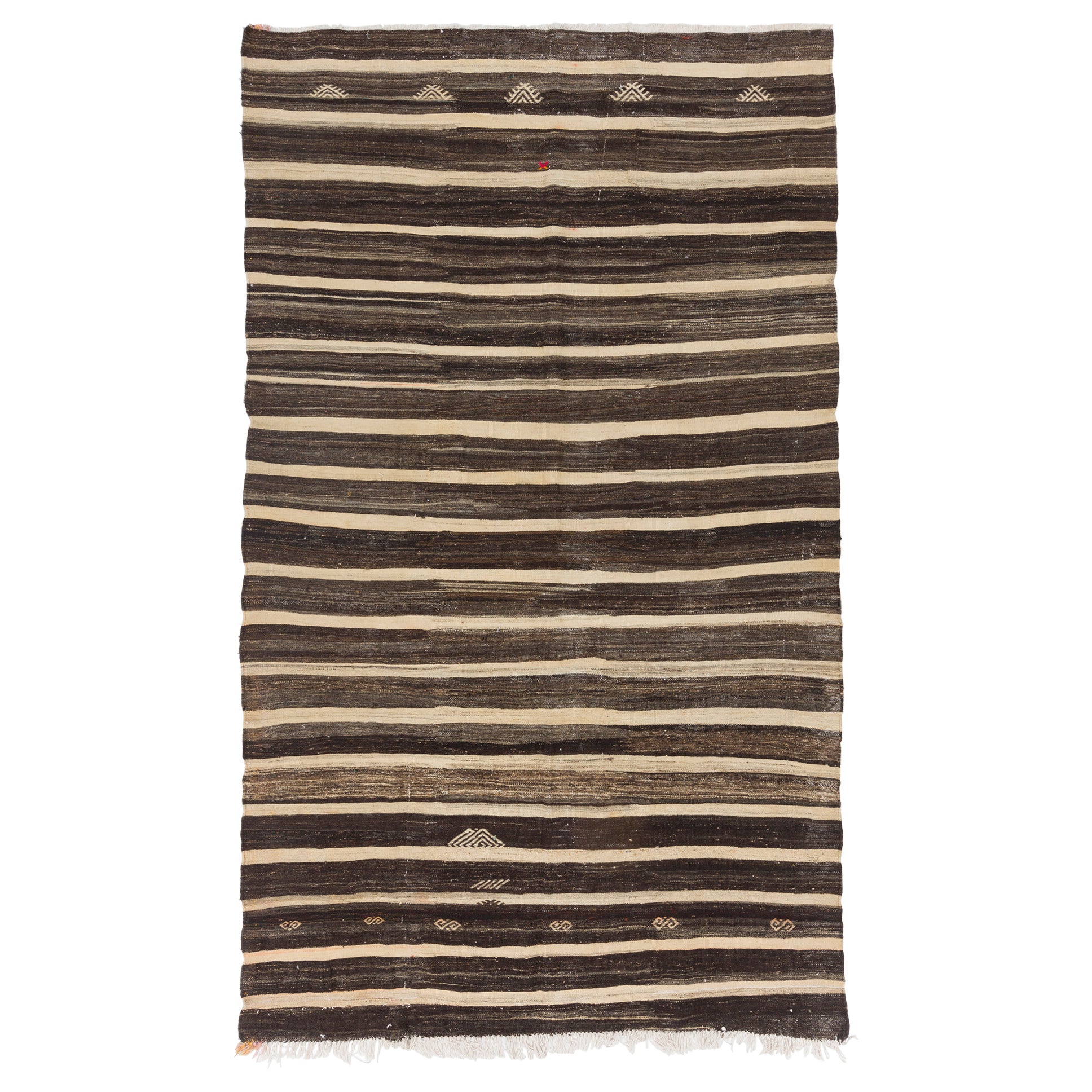 6.8x11.2 Ft Handwoven Vintage Nomadic Striped Kilim Rug in Cream and Brown Wool