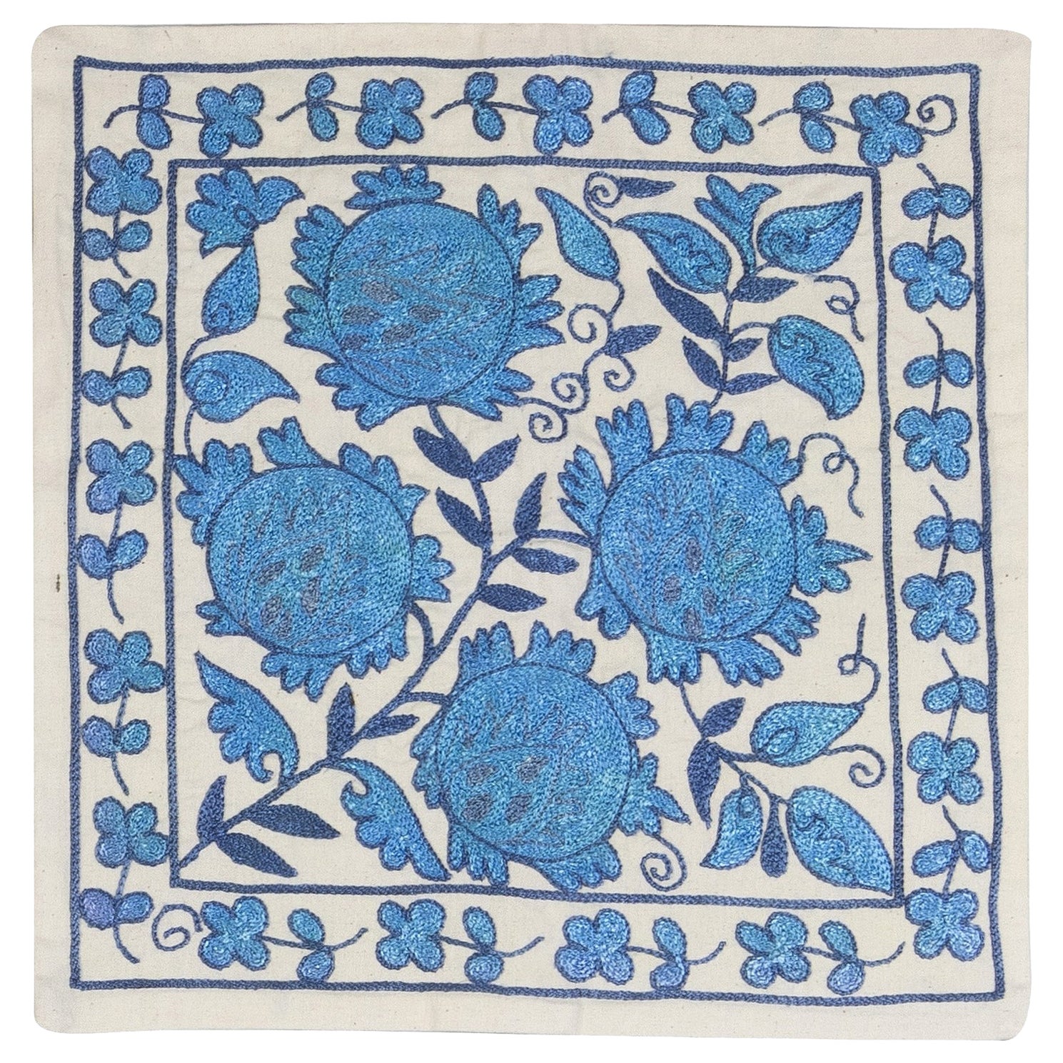 17"x18" Modern Embroidered Silk Cushion Cover, Cream & Light Blue Toss Pillow For Sale