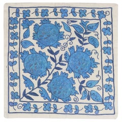 17"x18" Modern Embroidered Silk Cushion Cover, Cream & Light Blue Toss Pillow