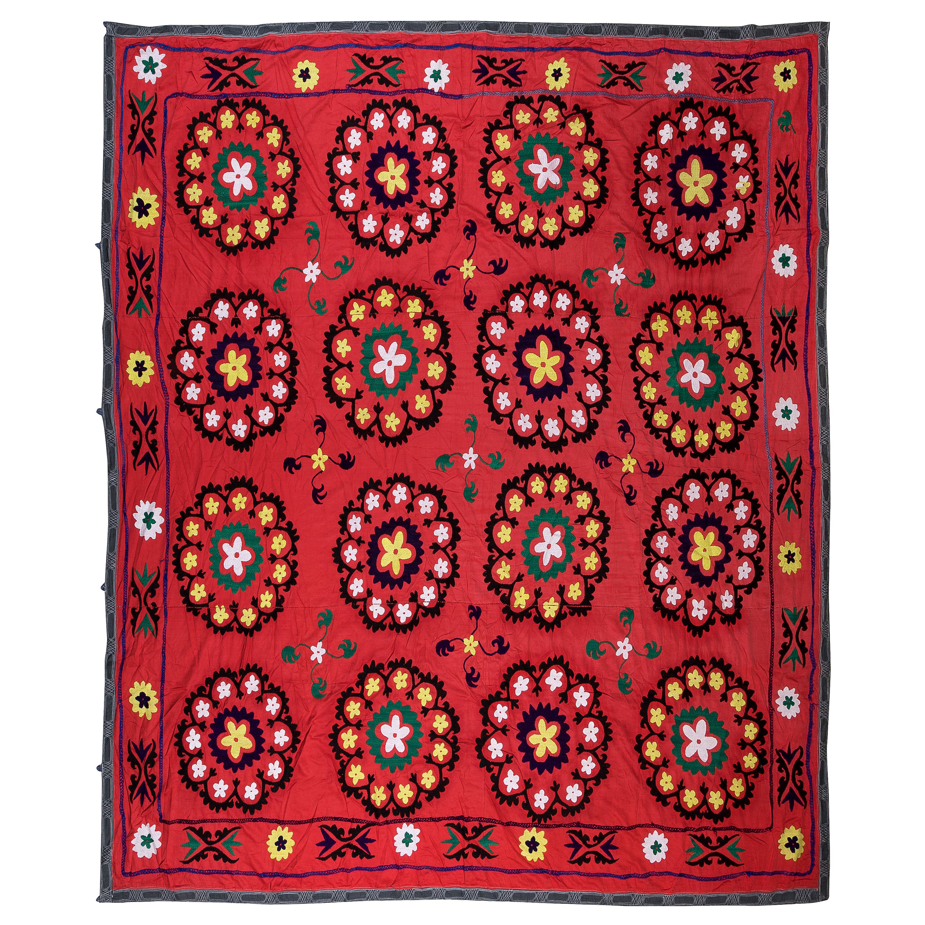 7.9x7.9 Ft Vintage Silk Embroidery Bed Cover, Uzbek Tablecloth, Red Wall Hanging For Sale