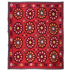 7.9x7.9 Ft Vintage Silk Embroidery Bed Cover, Uzbek Table Nappe, Red Wall Hanging
