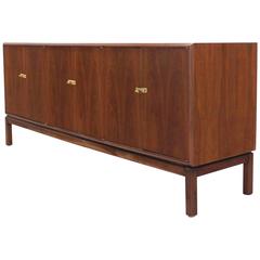 Nice Long Modern Oiled Walnut Finish Credenza Brass Latches