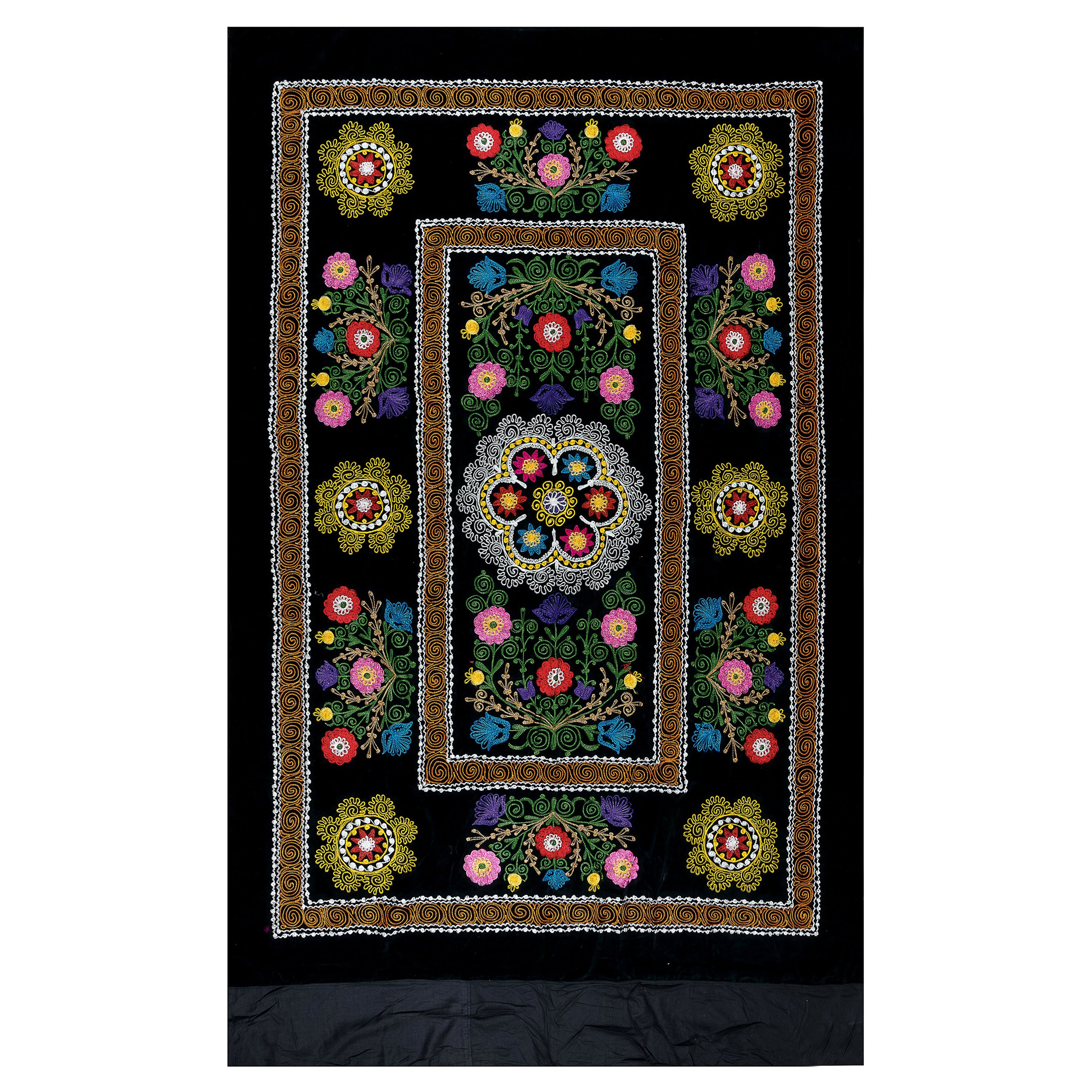 4.5x7.4 Ft Silk Embroidery Bed Cover, Black Wall Hanging, Vintage Uzbek Tapestry For Sale
