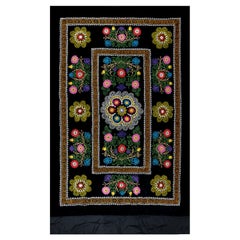 4.5x7.4 Ft Silk Embroidery Bed Cover, Black Wall Hanging, Vintage Uzbek Tapestry