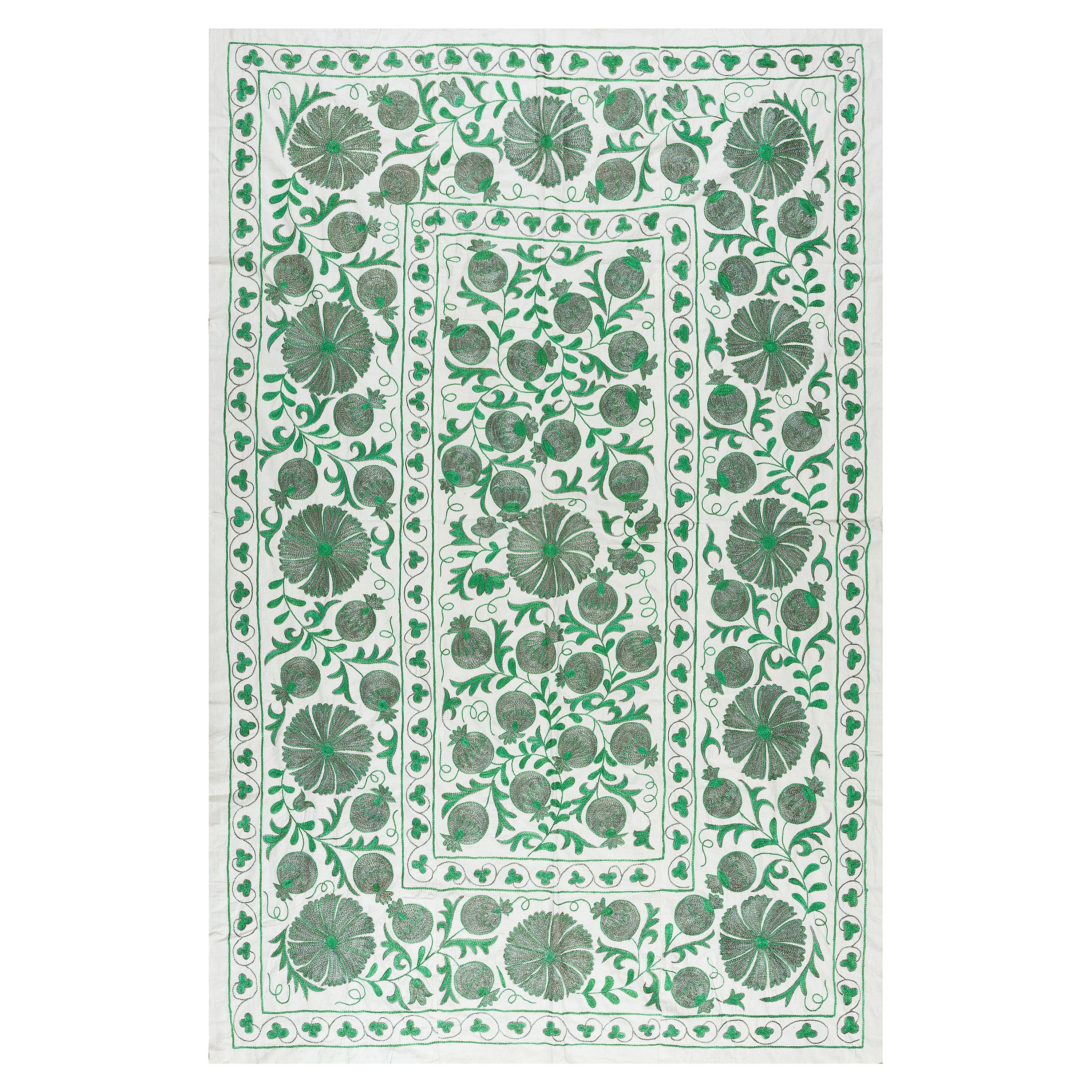 4.6x6.8 Ft Silk Embroidery Wall Hanging, Green & Cream Bedspread, Uzbek Tapesry For Sale