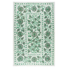 4.6x6.8 Ft Silk Embroidery Wall Hanging, Green & Cream Bedspread, Uzbek Tapesry
