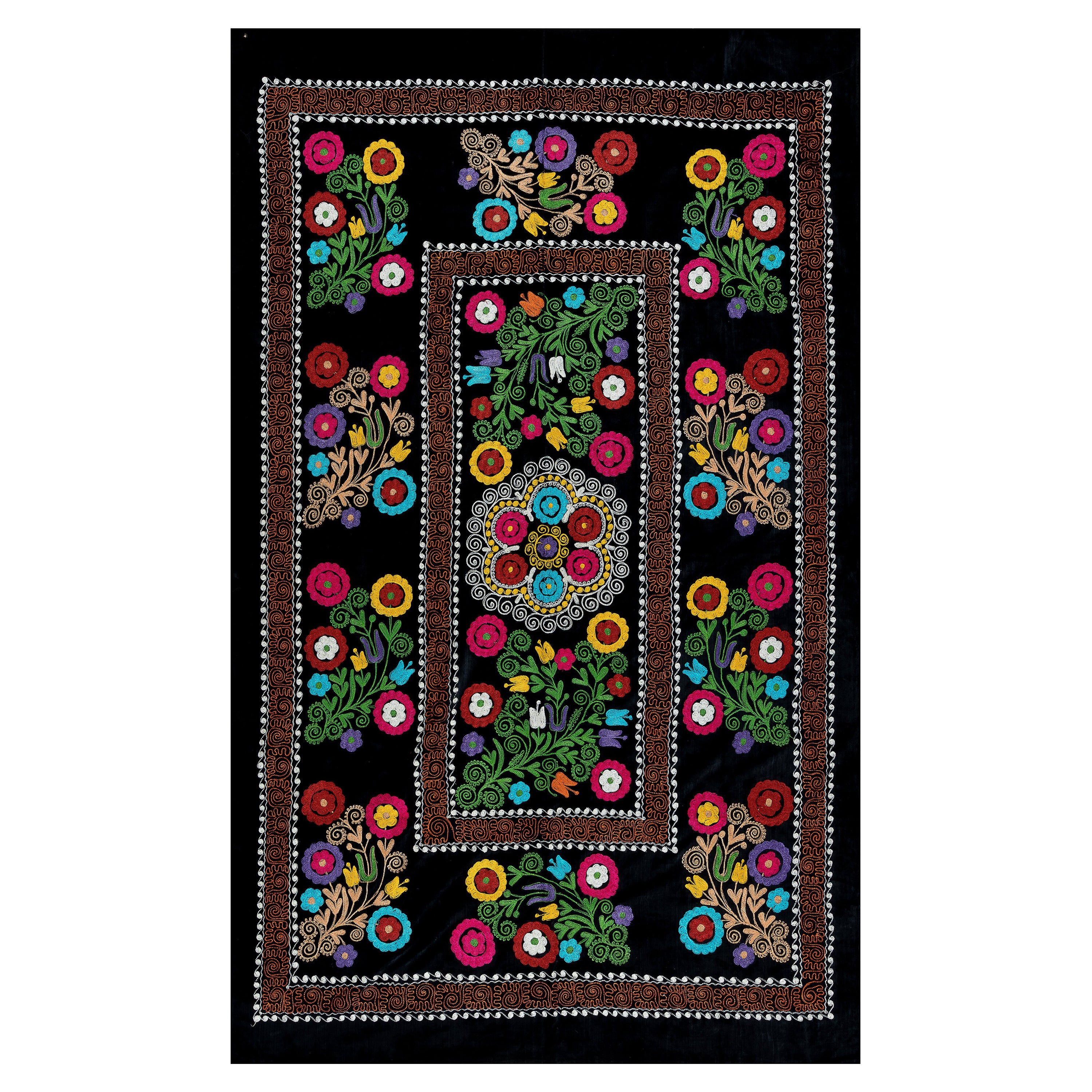 4.3x6.8 Ft Silk Embroidery Bed Cover, Black Wall Hanging, Vintage Suzani Throw