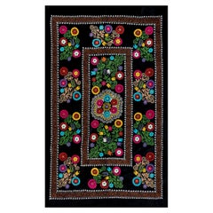 4.3x6.8 Ft Silk Embroidery Bed Cover, Black Wall Hanging, Vintage Suzani Throw