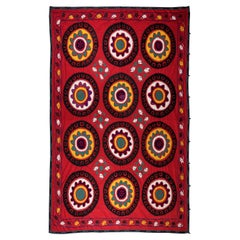 7.3x9.7 Ft Silk Embroidery Bed Cover, Suzani Wall Hanging, Used Red Throw