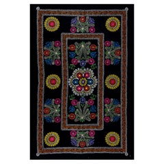 Used 4.6x6.7 Ft Suzani Wall Hanging, Embroidered Bed Cover, Black Blanket, Silk Throw