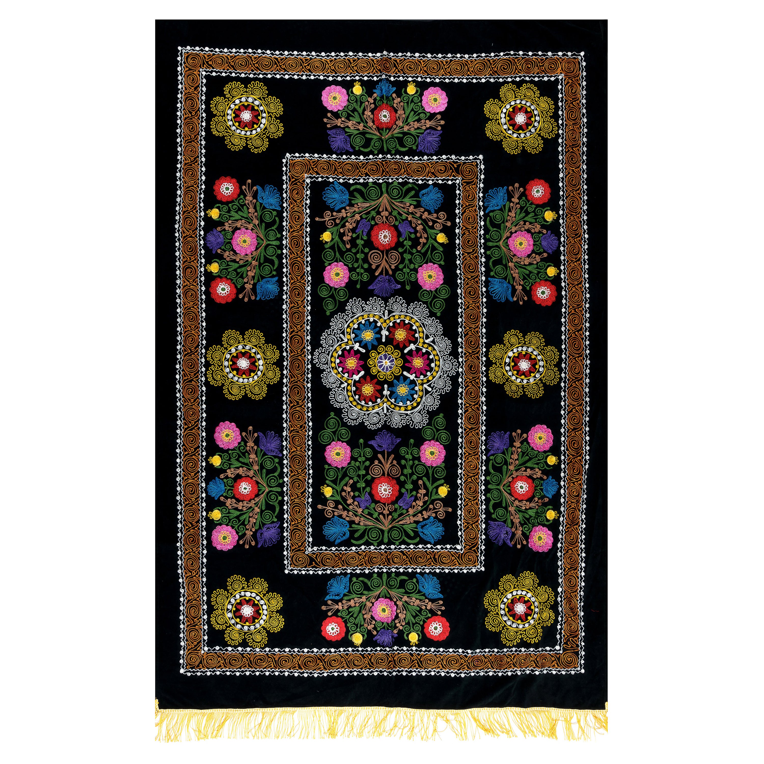 Tapiz de Seda Bordado 4,5x6,6 Pies, Tapiz Suzani Negro, Colcha Vintage