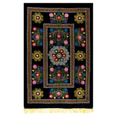 4.5x6.6 Ft Silk Embroidered Wall Hanging, Black Suzani Tapestry, Vintage Throw