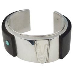Eveli Silver and Ironwood Cuff with Turquoise and Ivory Detail, circa 1970