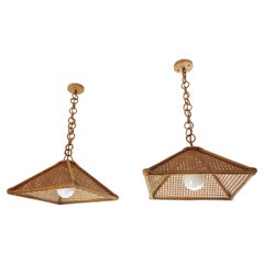 Pair of Spanish Rattan & Wicker Wire Trapezoid Pendants / Hanging Lights