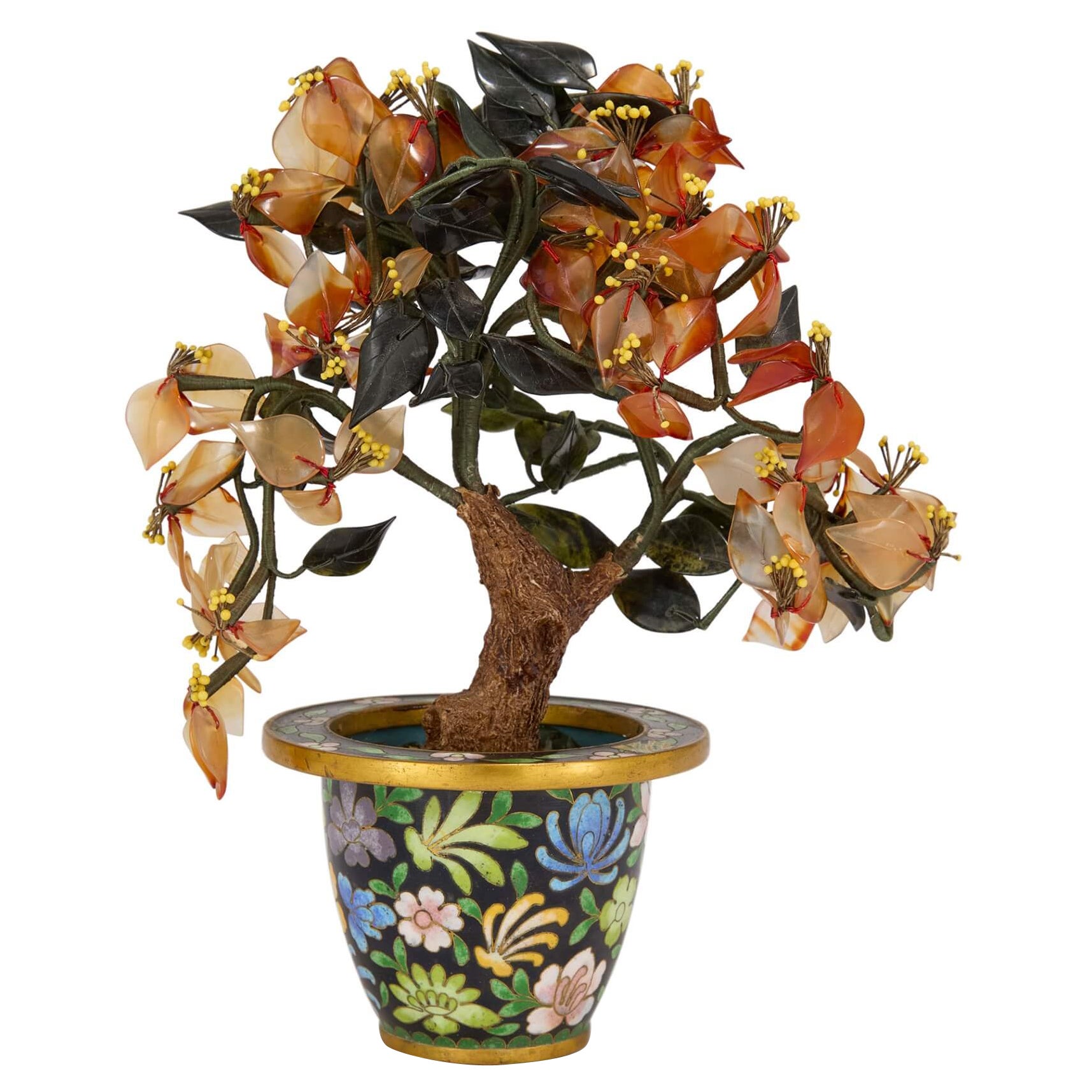 Chinese Hardstone Flower Model in a Cloisonné Enamel Pot For Sale