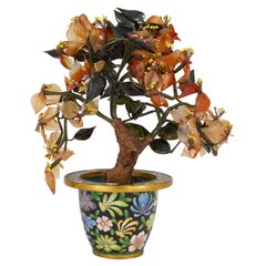 Vintage Chinese Hardstone Flower Model in a Cloisonné Enamel Pot