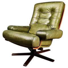 Mid Century Göte Möbler Green Leather Swivel Lounge Chair Vintage Retro MCM
