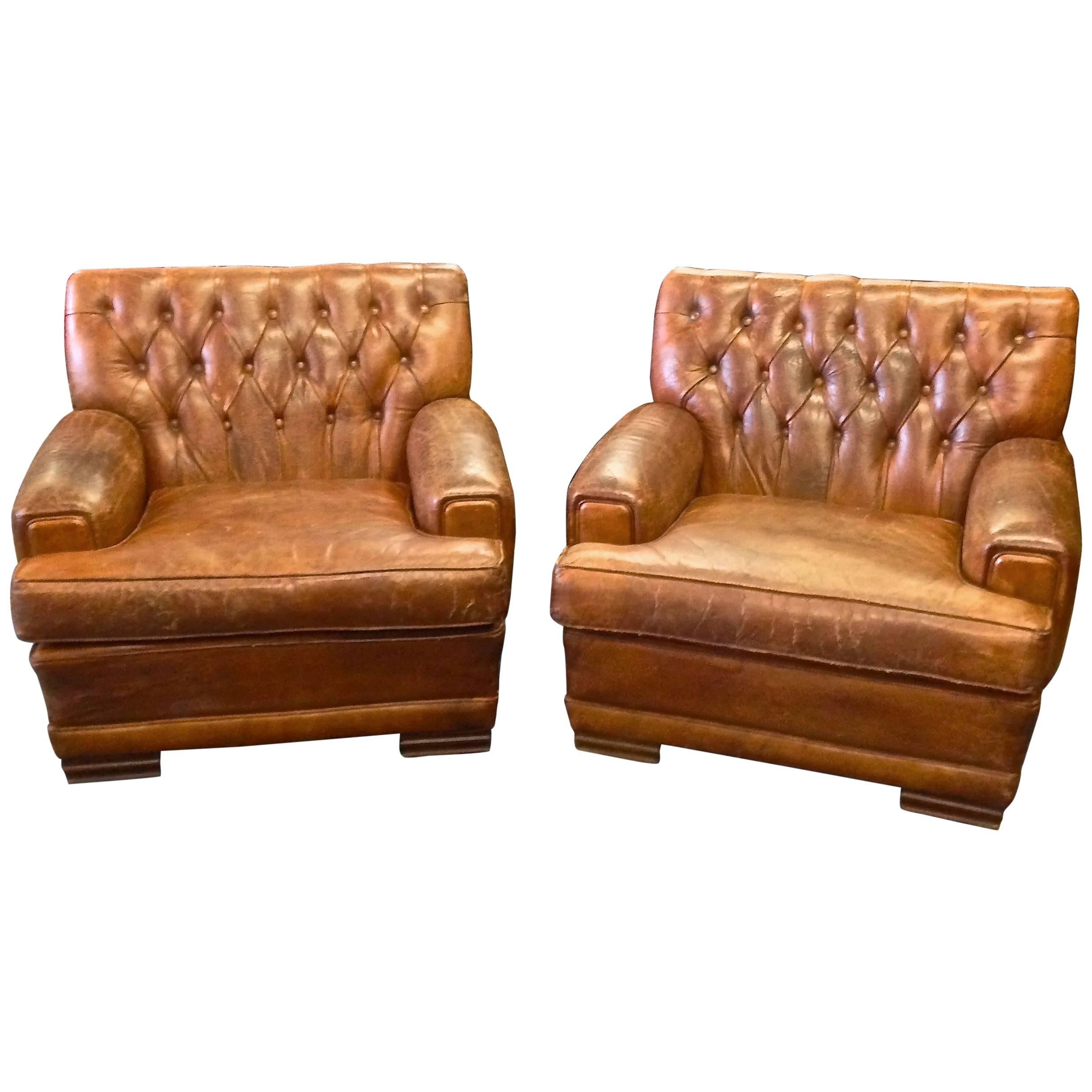 Pair of Original 1920s French Art Deco Button Tufted Leather Club Chairs For Sale
