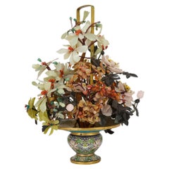 Chinese Hardstone and Cloisonné Enamel Flower Tree Model 