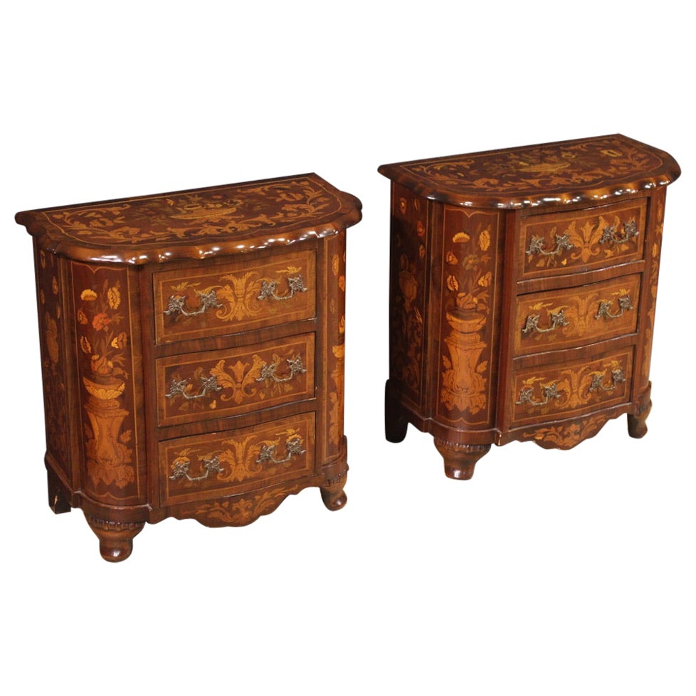 Pair 20th Century Inlaid Wood Dutch Bedside Tables, 1960
