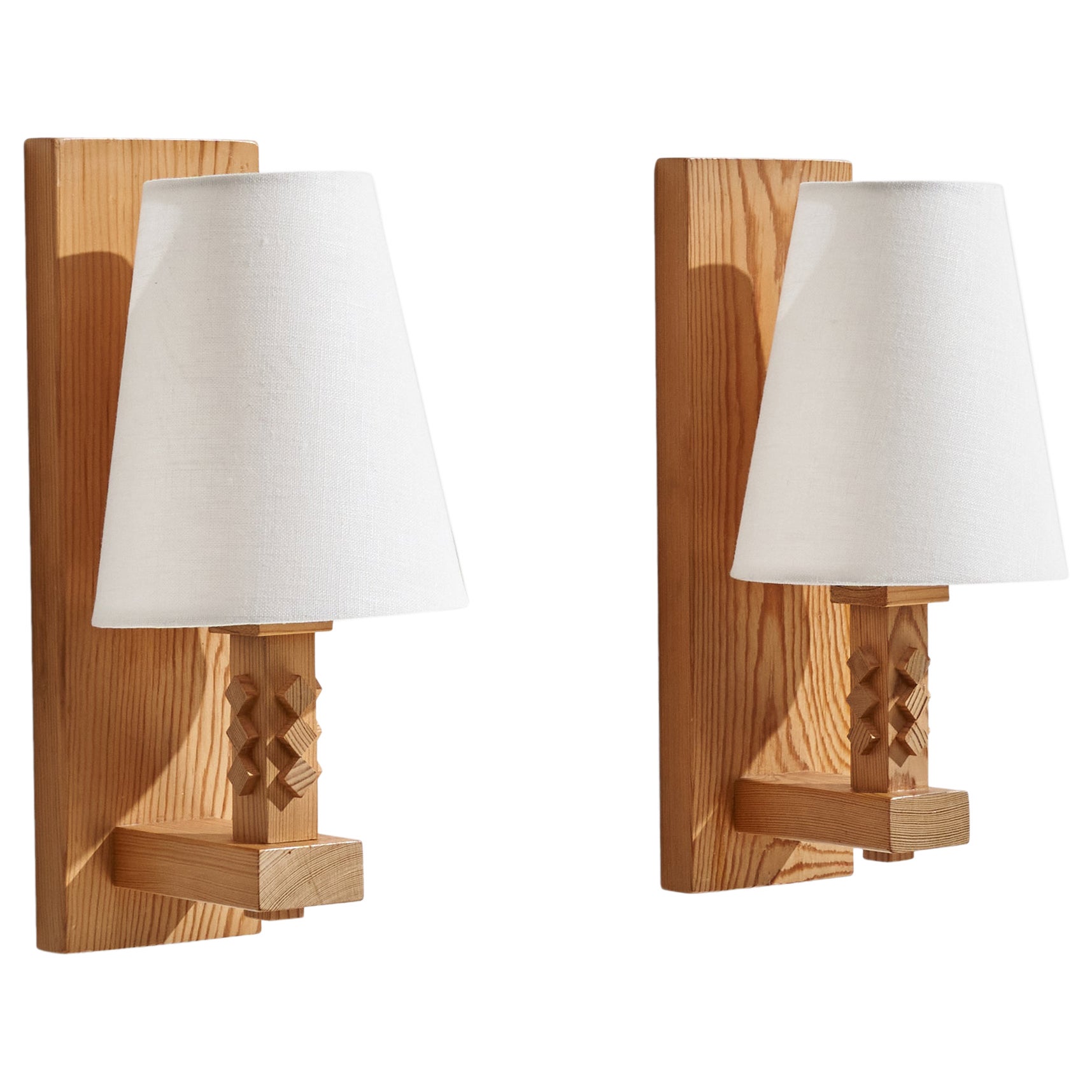 Leif Wikner, Wall Lights, Pine, Fabric, Sweden, 1970s For Sale