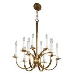 Vintage 1970's 12 Arm Italian Brass Chandelier Attributed To Gaetano Sciolari