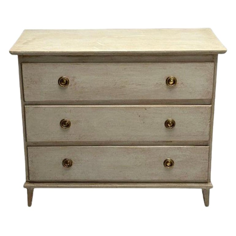 Gustavian, Swedish Commode, Grey Paint Distressed, Brass, Sweden, 1940s For Sale