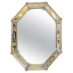 Italian octagonal wall mirror in colored glass with floral decorations, 1980s