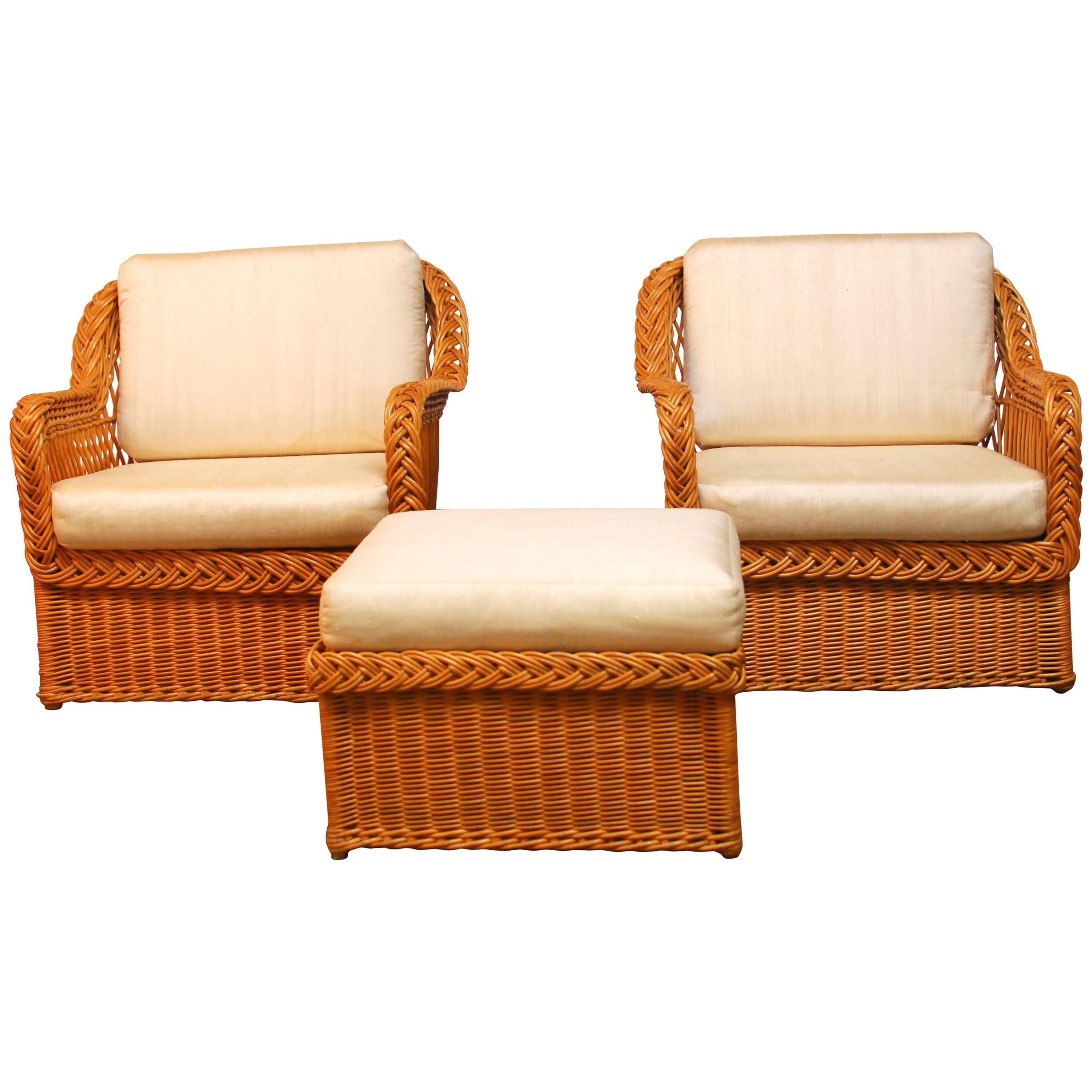 Italian Braided Wicker Rattan Lounge Chairs and Ottoman