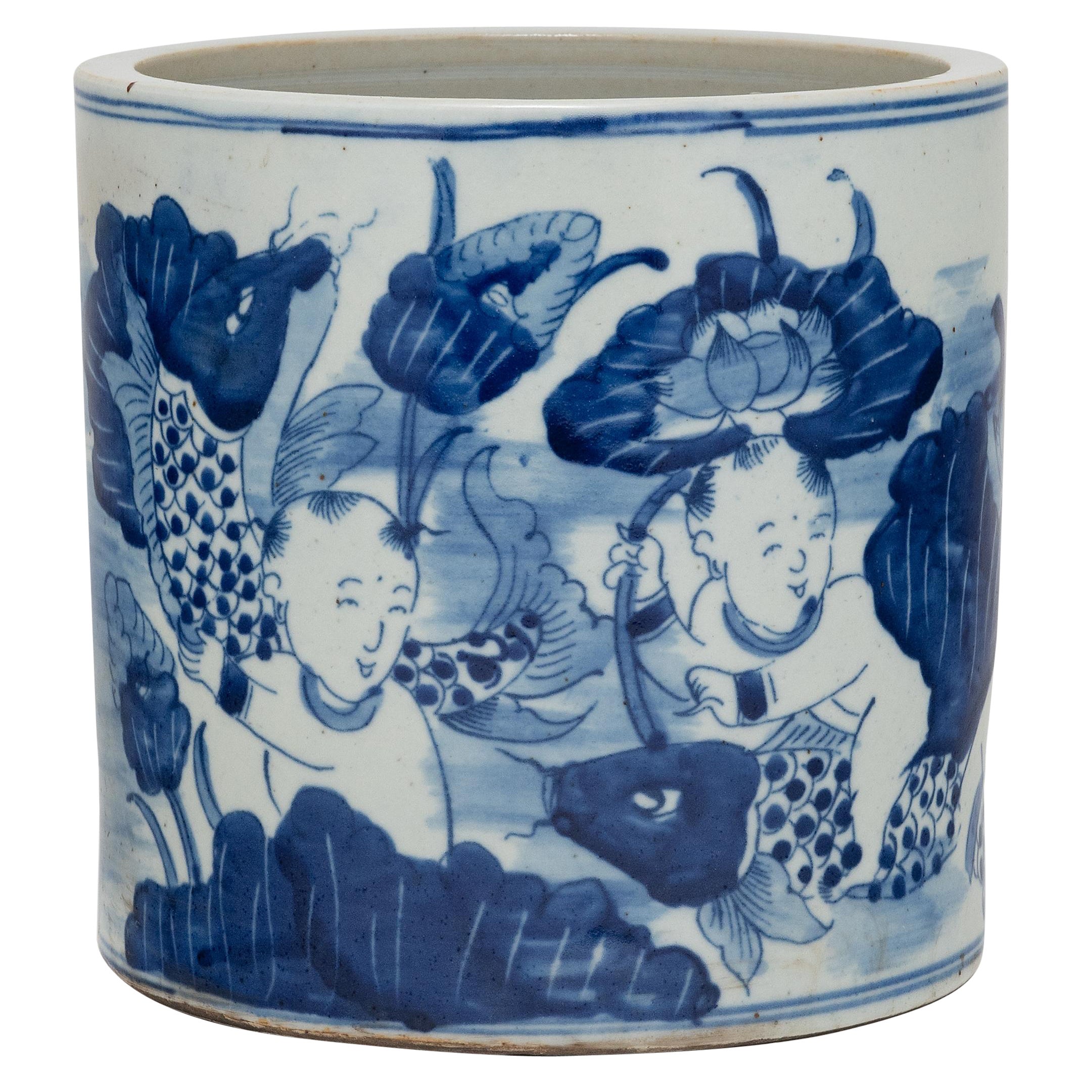 Blue and White Brush Pot with Koi & Lotus For Sale