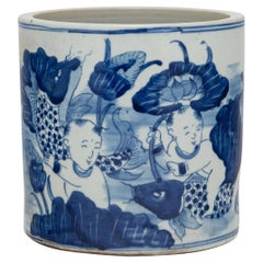 Vintage Blue and White Brush Pot with Koi & Lotus